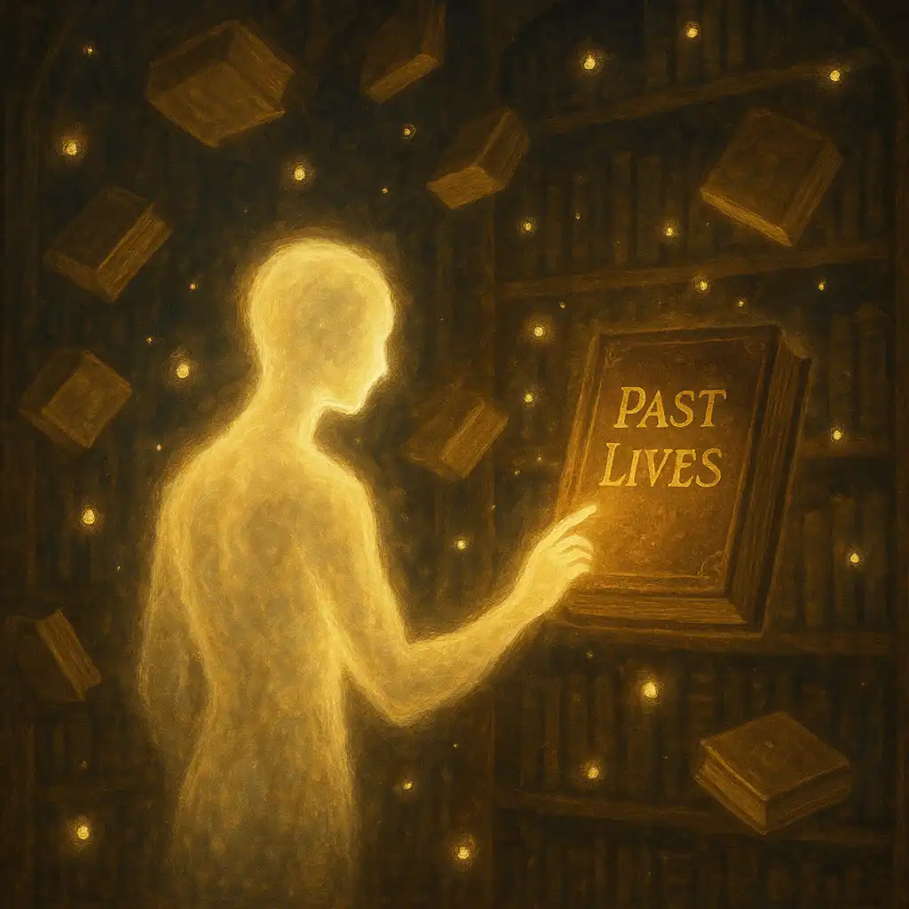 Egy alig materializálódott könyvtár, egy szellemalak, kezében az egyik könyv múltbeli életek felírattal